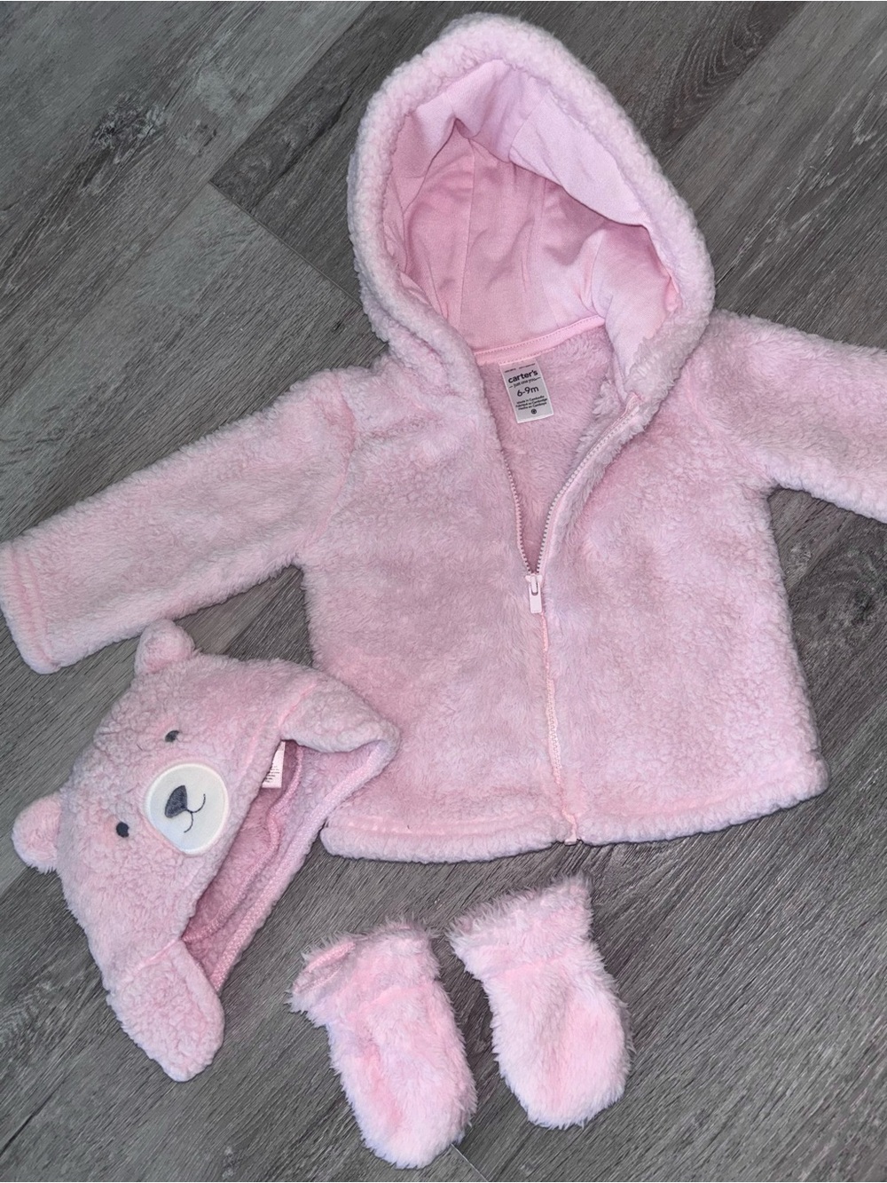 Plush Pink Baby Jacket with Bear Hat & Mittens